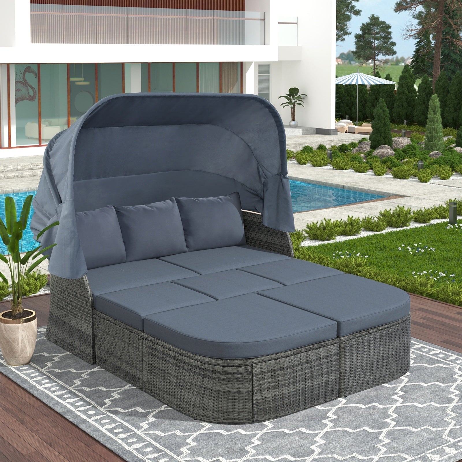 U STYLE Patio Furniture Set Daybed Sunbed With Canopy Wicker Conversat